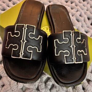 Tory Burch Black Slide Sandals with gold Embroidery